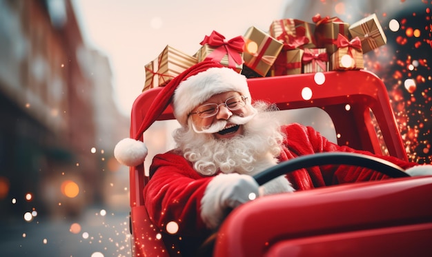 Santa Claus delivering christmas present gift in rush