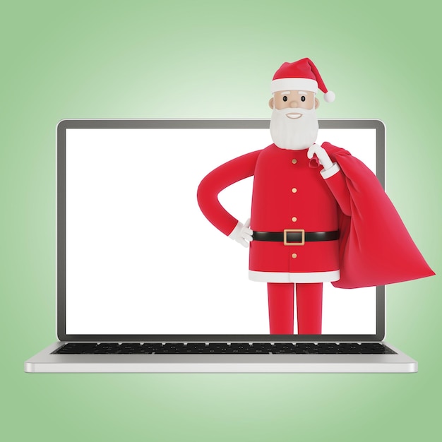 Santa Claus delivers gifts online gifts to people Laptop screen with Santa Claus Online shopping delivery 3D illustration in cartoon style