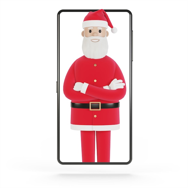 Santa Claus delivers gifts online gifts to people Smartphone screen with Santa Claus Online shopping delivery 3D illustration in cartoon style