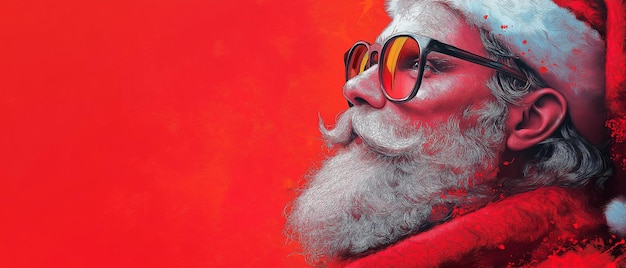 Photo santa claus dressed in a classic red suit and sunglasses gives a festive thumbs up against a snowy red background with merry christmas