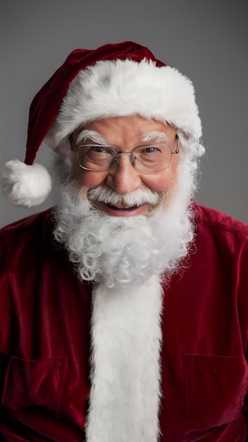 Santa claus in eyeglasses is looking at camera and smiling on gray background