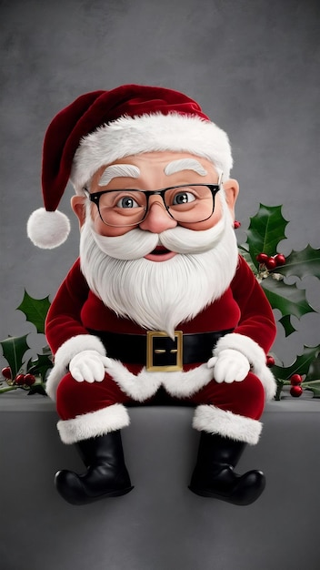 Santa claus in eyeglasses is looking at camera and smiling on gray background