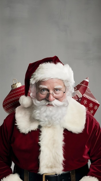 Santa claus in eyeglasses is looking at camera and smiling on gray background