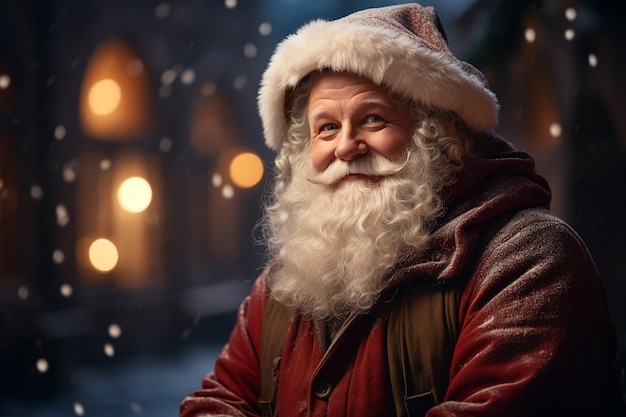 Santa Claus Father Frost old man dressed in red with white beard and sack of presents Merry Christmas coming down the chimneys or arriving on a reindeer at night winter snow december