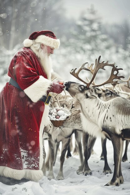 Photo santa claus feeding reindeer in tranquil snowy field perfect for holiday greeting cards