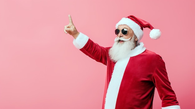 Photo santa claus in a festive mood sporting sunglasses and striking a dance pose on a pink backdrop