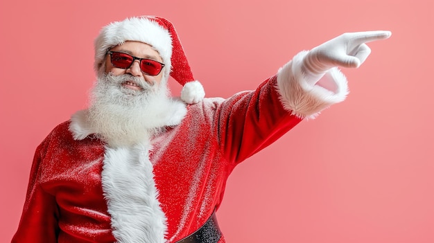 Santa Claus in a festive mood sporting sunglasses and striking a dance pose on a pink backdrop