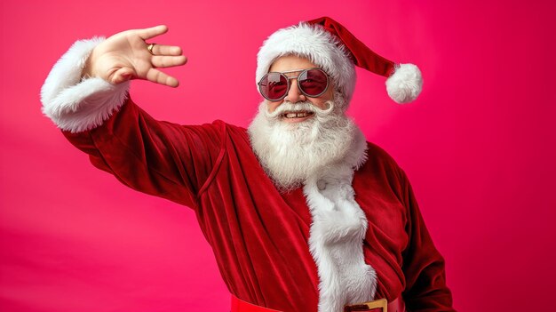 Santa Claus in a festive mood sporting sunglasses and striking a dance pose on a pink backdrop