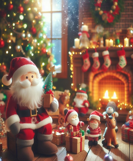 a santa claus figurine is standing in front of a fireplace