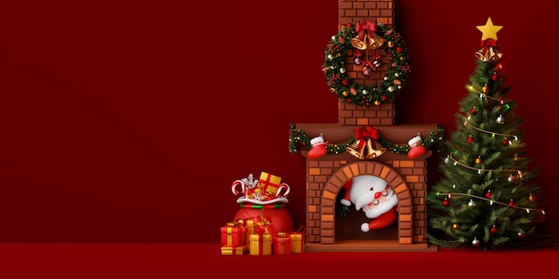 Santa Claus in fireplace in room decorated by Christmas tree and gift box 3d illustration