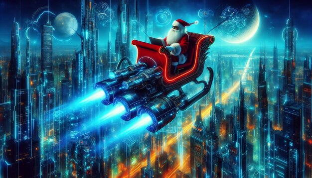 Photo santa claus flying hightech sleigh over futuristic cityscape on christmas day