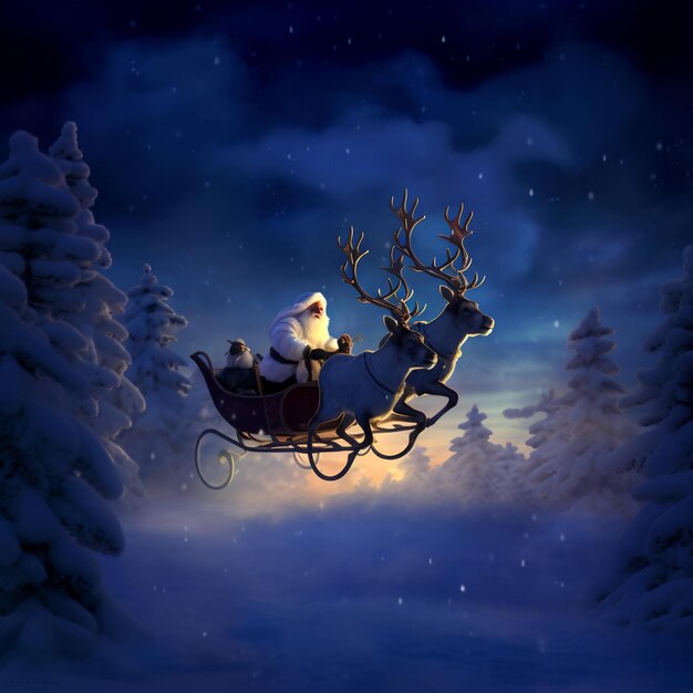 Photo santa claus flying in his sleigh with reindeer and penguin