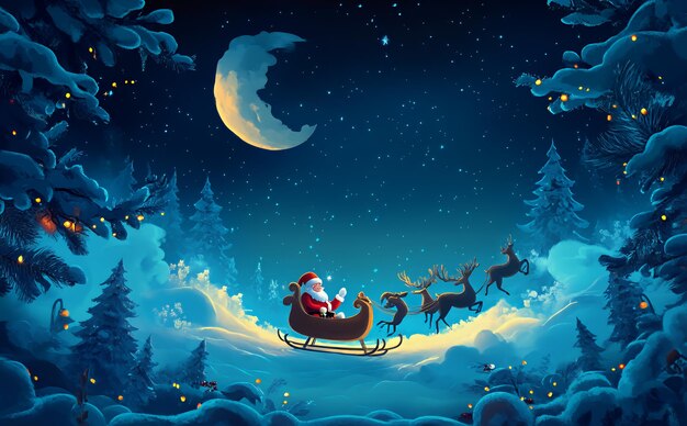 Photo santa claus flying in a sleigh pulled by reindeer over a snowy forest landscape at night with a crescent moon and starry sky