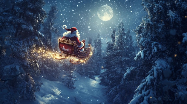 Santa claus flying sleigh over snowy forest in enchanting winter scene with moonlight sparkles