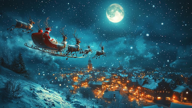 Santa Claus Flying Over a Snowy Village in His Sleigh Pulled by Reindeer Under a Full Moon Creating