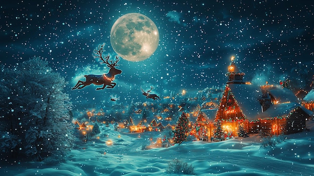 Photo santa claus flying over a snowy village in his sleigh pulled by reindeer under a full moon creating