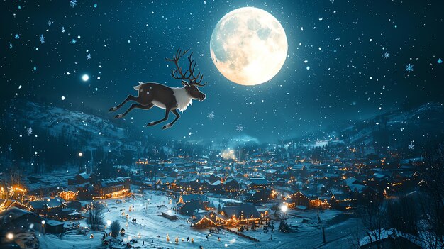 Photo santa claus flying over a snowy village in his sleigh pulled by reindeer under a full moon creating