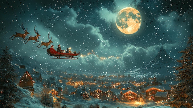 Santa Claus Flying Over a Snowy Village in His Sleigh Pulled by Reindeer Under a Full Moon Creating