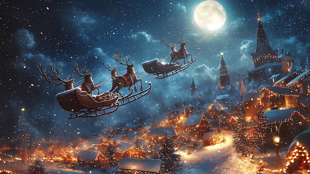 Photo santa claus flying over a snowy village in his sleigh pulled by reindeer under a full moon creating