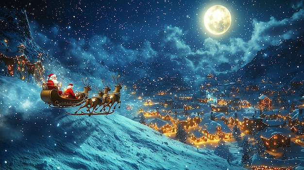 Photo santa claus flying over a snowy village in his sleigh pulled by reindeer under a full moon creating