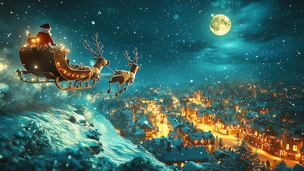 Santa Claus Flying Over a Snowy Village in His Sleigh Pulled by Reindeer Under a Full Moon Creating