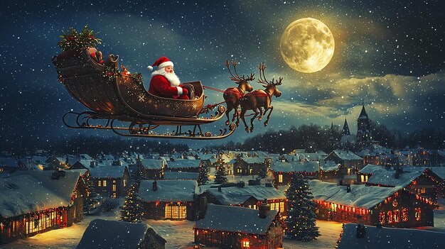 Photo santa claus flying over a snowy village in his sleigh pulled by reindeer under a full moon creating