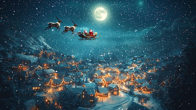 Photo santa claus flying over a snowy village in his sleigh pulled by reindeer under a full moon creating