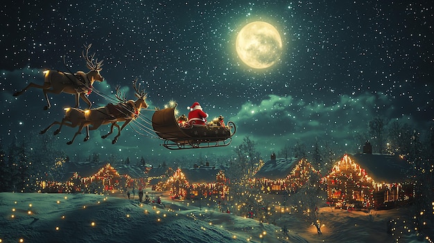 Santa Claus Flying Over a Snowy Village in His Sleigh Pulled by Reindeer Under a Full Moon Creating