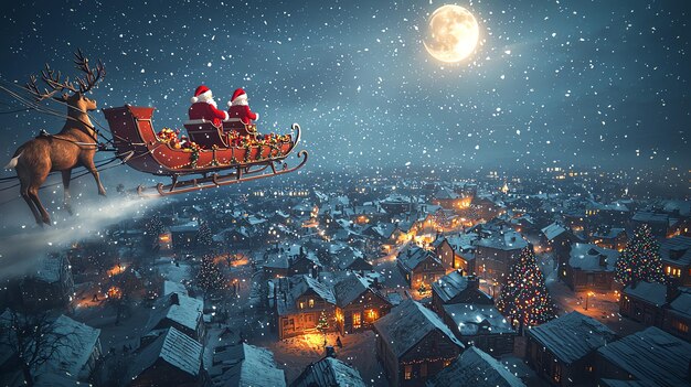 Photo santa claus flying over a snowy village in his sleigh pulled by reindeer under a full moon creating