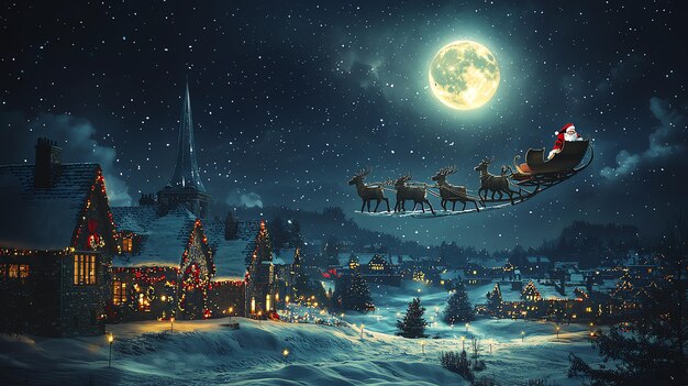 Photo santa claus flying over a snowy village in his sleigh pulled by reindeer under a full moon creating