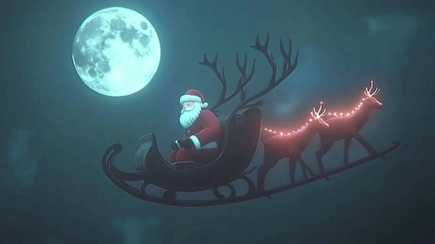 Santa Claus Flying Through The Night Sky in Sleigh Pulled by Reindeer