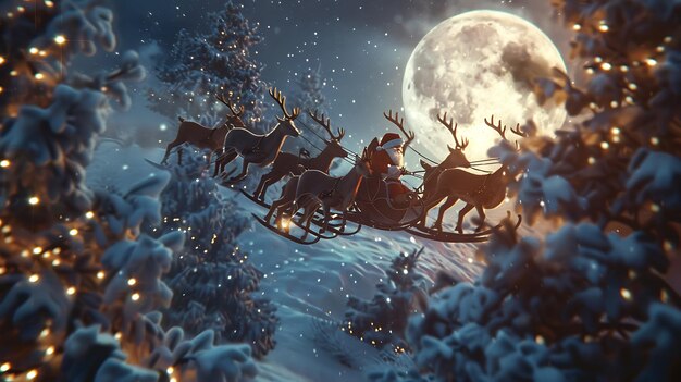 Photo santa claus flying through a snowy forest under a full moon