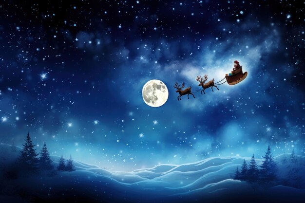 Photo santa claus and four rudolphs on a sleigh flying through the sky night moon astronomy