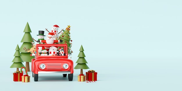 Santa Claus and friend in a red car with Christmas decoration 3d rendering