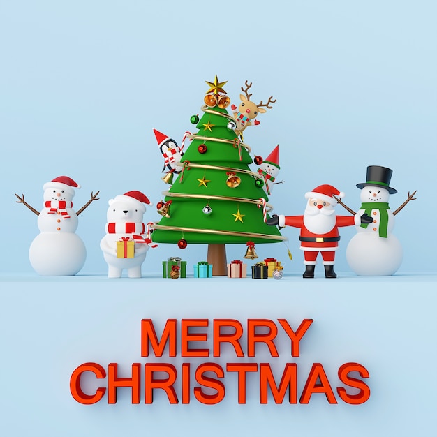 Santa Claus and friends with Christmas tree 3d rendering