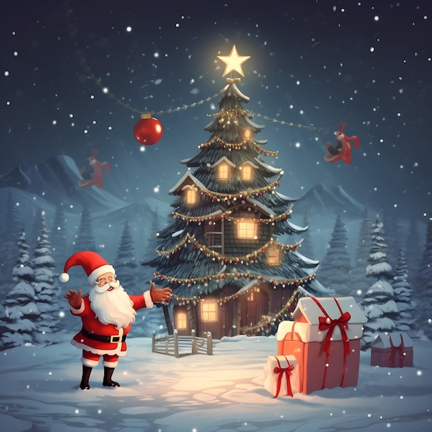 Santa Claus in front of a wooden house with a Christmas tree and gifts