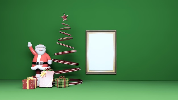 Santa claus, gift and christmas tree with photo mockup with green background for merry christmas