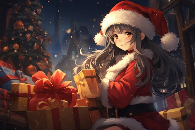 a santa claus girl holding gift anime style illustration