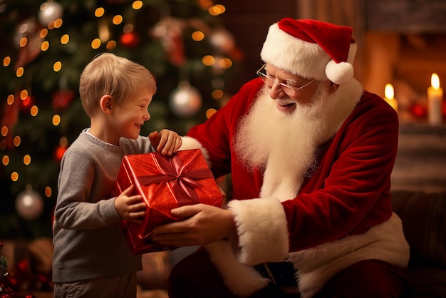 santa claus giving gift to child boy