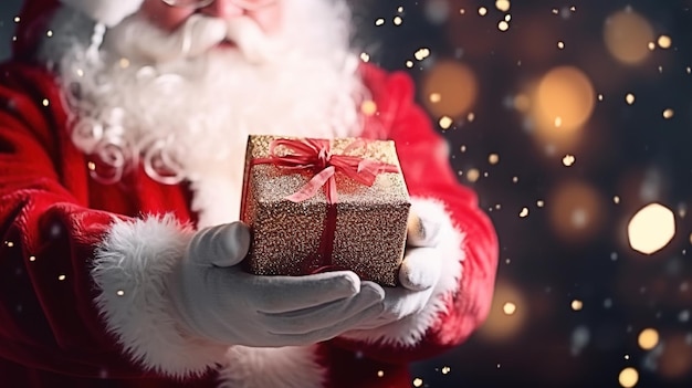 Santa Claus giving a gift sitting near christmas tree Generative AI