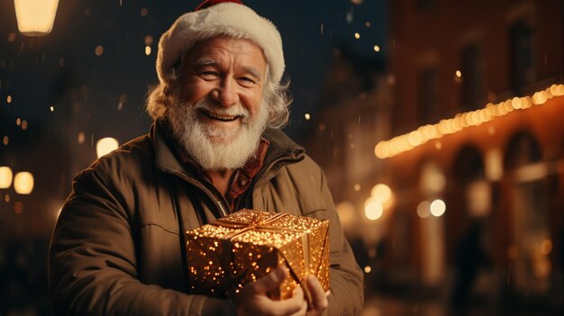 Santa Claus Giving A Giftbox In Magic Night