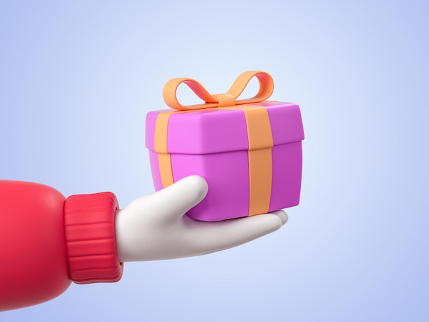 Santa Claus gloved hands holding pink giftbox 3D Illustration Rendering