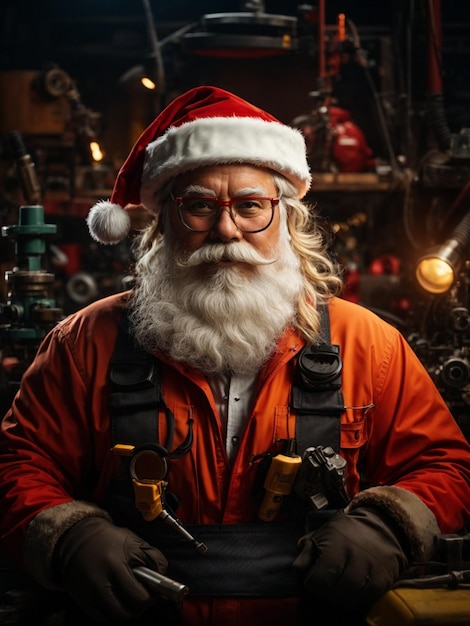 Santa Claus in a hat and safety glasses