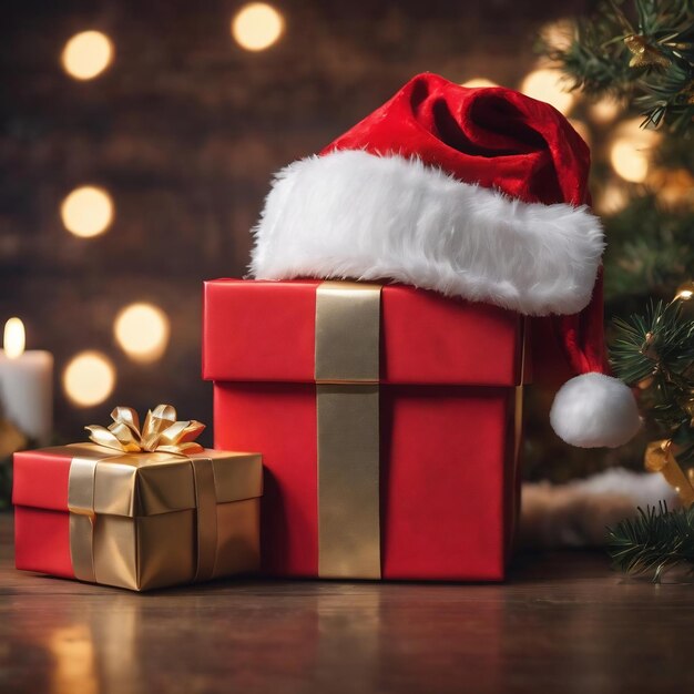 Santa claus hat with christmas gift box