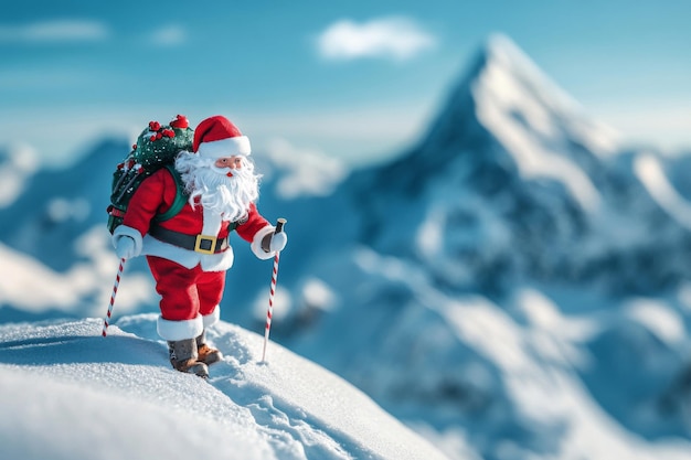 Santa Claus Hiking Up a Snowy Mountain with a Backpack