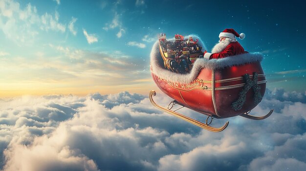 Photo santa claus and his elves flying in a sleigh