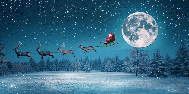 Santa Claus in his sleigh flying across a starry sky with reindeer leading the way and a full moon illuminating the snowy landscape below