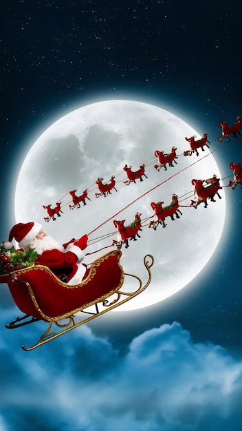 Photo santa claus and his sleigh flying in a moonlit sky