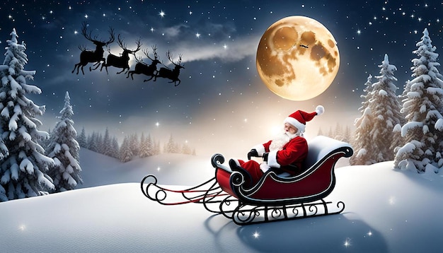 Photo santa claus and his sleigh flying in a moonlit sky