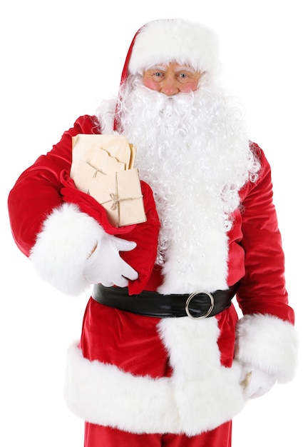 Santa Claus holding bag with letters isolated on white background